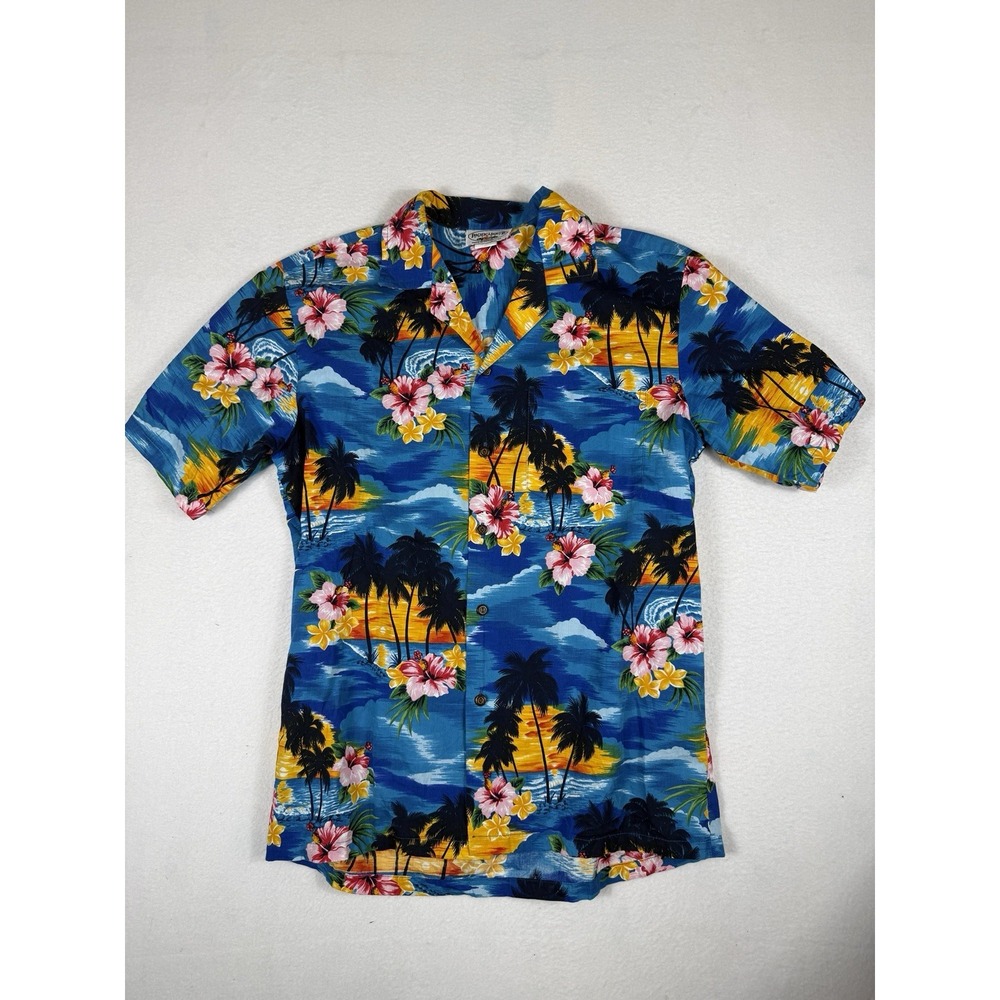 Pacific Legend Hawaiian Shirt Mens L Blue Sunset Palm Tree Tropical Aloha Top
